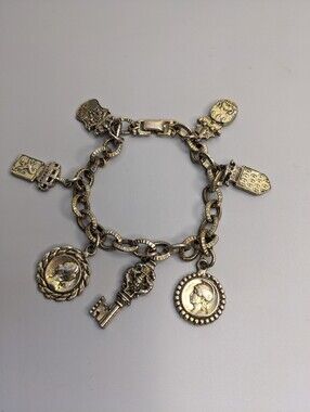 Vintage Souvenir Charm Bracelet With Mixed Metal Medallions And Crest Charms 7"